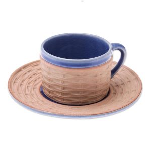 Handmade Wicker In Blue Ceramic Cup And Saucer  |  Cups Cups Beige