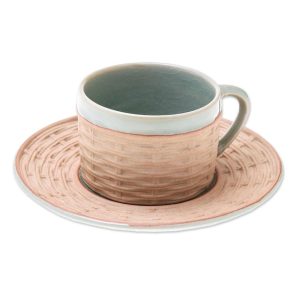 Handmade Wicker In Green Ceramic Cup And Saucer  |  Cups Cups Beige