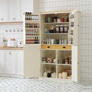 High Freestanding Kitchen Pantry Large Cupboard Storage Cabinet  |  Pantry Cabinets Kitchen Furniture Beige, Grey, White