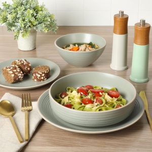 Home Dinah 16 Piece Double Bowl Stoneware Embossed Speckled Dinnerware Set  |  Dinnerware Sets Dinnerware Black, Green, White