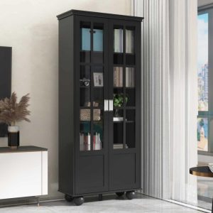 Home Office Buffet Bookcase Storage Cabinet Acrylic Glass Door 4 Shelf  |  Wine Racks Kitchen Storage Black