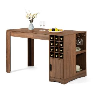 Homylin 59-Inch Classic Farmhouse Counter Height Dining Table with Wine Storage – Walnut Brown Finish  |  Bar Tables Bar Tables Bar Tables