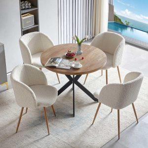 Howtai Round Dining Table Set with Fluffy Sherpa Arm Chairs Space Saving  |  Kitchen and Dining Sets Kitchen & Dining Sets Brown, Off-White