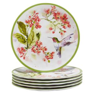 Hummingbirds Melamine 9″ Salad/Dessert Plates, Set of 6 – 9″ Diameter x 1″  |  Plates Dinnerware Green, Purple, Red