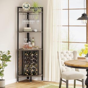 Industrial 4 Tier Corner Wine Rack with Glass Holder,Corner Bar  |  Wine Racks Kitchen Storage Brown, Grey