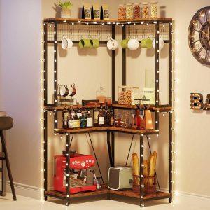 Industrial Corner Bakers Rack for Kitchen, L Shaped Kitchen Storage Rack with Shelves, 15 Hanging Hooks  |  Pantry Organizer Kitchen Storage Brown