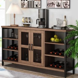 Industrial Wine Bar Cabinet Wood Buffet Cabinet Wine Rack Sideboard – 55“W  |  Wine Racks Kitchen Storage Brown, Grey