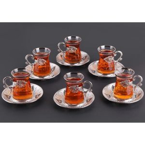 Irem Authentic Armudu Tea Glass and Saucer Set for 6 – N/A  |  Serveware Dinnerware Clear, Gold, Silver