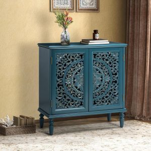 Ismenides Multifunctional 32″ Tall 2-Door Accent Cabinet with Floral Design and Solid Wood Legs by   |  Pantry Cabinets Kitchen Furniture Blue, Grey, White