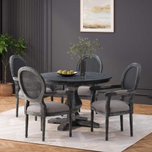 Joretta Wood and Cane Upholstered 5 Piece Circular Dining Set by   |  Kitchen and Dining Sets Kitchen & Dining Sets Beige, Black, Brown, Grey, Natural