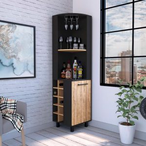 Kaia Corner Bar Cabinet with 4 Shelves, 10 Wine Cubbies, Cabinet, and Glass Rack – N/A  |  Home Bars Home Bars Black