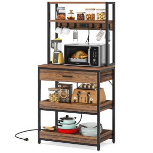 Kitchen Bakers Rack with Power Outlets, High Utility Storage Shelves Microwave Stand with Drawers  |  Pantry Organizer Kitchen Storage Brown, Grey