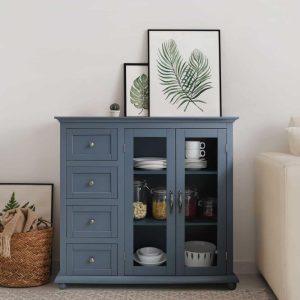 Kitchen Buffet Sideboard Storage Cabinet with 2 Glass Doors and 4 Drawers  |  Buffets and Sideboards Buffets & Sideboards Blue, Grey, White