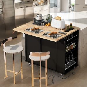 Kitchen Cart with Power Outlet and Drop Leaf, Black  |  Kitchen Carts Kitchen Carts Black, Grey, White