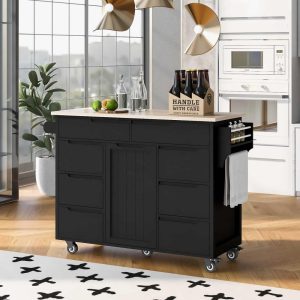 Kitchen Cart with Rubber Wood Countertop , Kitchen Island has 8 Handle-Free Drawers Including a Flatware Organizer and 5 Wheels  |  Kitchen Carts Kitchen Carts Black, Blue, White