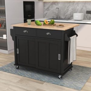 Kitchen Cart with Rubber wood Drop-Leaf Countertop  |  Pantry Cabinets Kitchen Furniture Black, Green, White