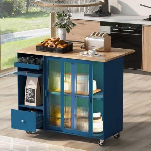 Kitchen Island Cart with Drop Leaf,LED Light,Wheels,Fluted Doors,Adjustable Shelf  |  Kitchen Carts Kitchen Carts Blue, Grey