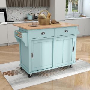 Kitchen Island Cart with Solid Wood Top and Locking Wheels  |  Kitchen Carts Kitchen Carts Black, Green, White