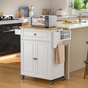 Kitchen Island Cart with Storage Cabinet, Wood Top and Locking Wheels  |  Kitchen Carts Kitchen Carts Black, White