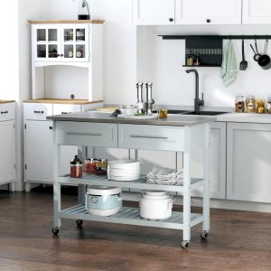 Kitchen Island Stainless Steel Top Rolling Utility Cart with Drawers, Shelves – Grey  |  Kitchen Carts Kitchen Carts Grey