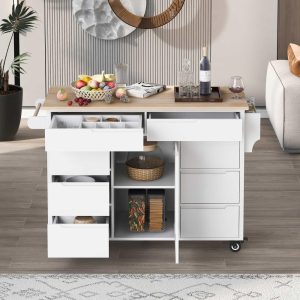 Kitchen Island with 8 Handle-Free Drawers and Rubber Wood Countertop  |  Kitchen Carts Kitchen Carts Black, Blue, White