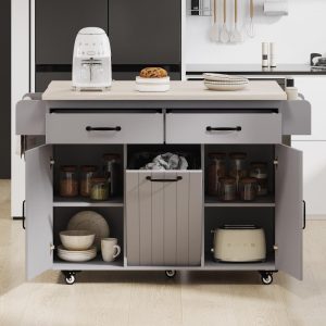 Kitchen Island with Trash Can Storage Cabinet, Rolling Kitchen Island on Wheels with Adjustable Shelf  |  Kitchen Carts Kitchen Carts Brown, Grey, White