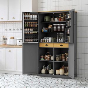 Kitchen Pantry with 2 Drawers, 2 Adjustable Shelves and 8 Door Shelves  |  Pantry Organizer Kitchen Storage Grey, Off-White, White