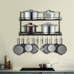 Kitchen Wall Mounted 2 Tiers Pot Pan Rack with 10 Hooks  |  Pot Racks Kitchen Storage Black