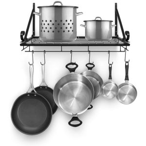 Kitchen Wall Pot Pan Rack,With 10 Hooks,Black  |  Pot Racks Kitchen Storage Black, Brown, White