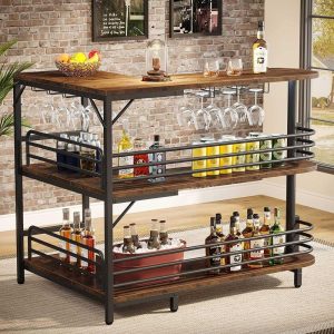 L-Shaped Home Bar Unit, 3 Tier Liquor Bar Table with Wine Glasses Holder, Corner Wine Bar Cabinet for Home Kitchen Pub  |  Bar Tables Bar Tables Bar Tables