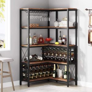 Large Corner Wine Rack, 5-Tier L Shaped Industrial Freestanding Floor Bar Cabinets for Liquor and Glasses Storage  |  Wine Racks Kitchen Storage Brown, Grey