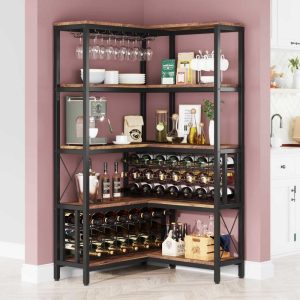 Large Corner Wine Rack L Shaped Floor Bar Cabinets for Liquor and Glasses Storage  |  Wine Racks Kitchen Storage Brown, Grey