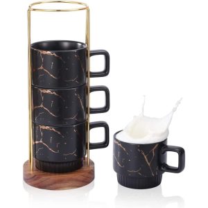 Large Stackable Coffee Mug Set with Rack and Wooden Base  |  Mugs Dinnerware Black, White