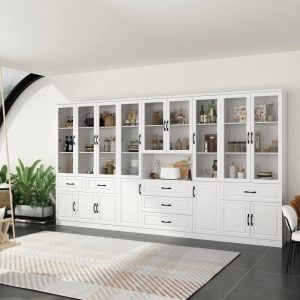 Large White Buffet Elegant Kitchen Cabinet with Glass Doors Dislplay  |  Pantry Cabinets Kitchen Furniture Pantry Cabinets