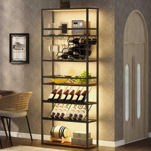 LED Tall Bar Cabinet Wine Rack, Contemporary Standing Honeycomb Wine Rack with Glass Rack  |  Home Bars Home Bars Black, White