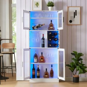 LED Wine Bar Cabinets with Wine Rack, Wine Bottle Rack, Storage Cabinet for Kitchen, Dining Room, Narrow White  |  Pantry Cabinets Kitchen Furniture Pantry Cabinets