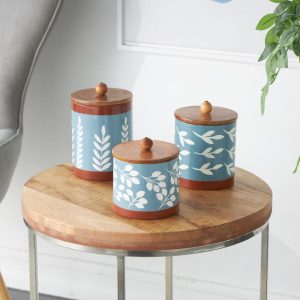 Light Blue or Orange Ceramic Floral Canisters with Wood Lids (Set of 3)  |  Kitchen Canisters Kitchen Canisters Blue, Orange