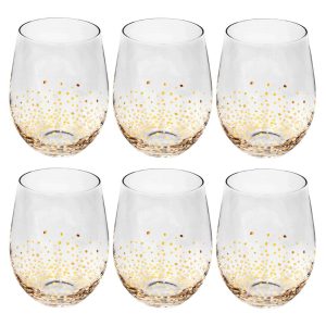 Luster Stemless Wine Goblet Set of 6 – 16 oz.  |  Wine Glasses Dinnerware Clear, Gold