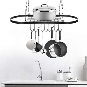 Matte Black Kitchen Oval Hanging Pot and Pan Rack & 10 Hooks – 31.5×16.5×20.9inch  |  Pot Racks Kitchen Storage Black