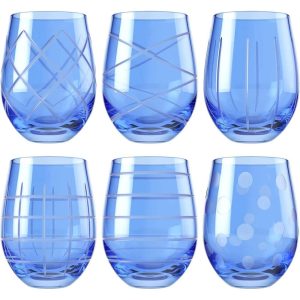 Medallion Stemless Wine Crystal Glass Set of 6 – 17 oz.  |  Wine Glasses Dinnerware Blue, Clear