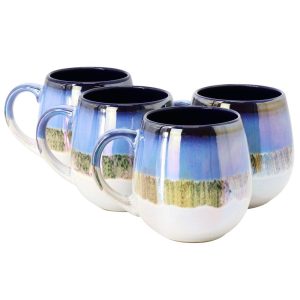 Meritage Luster 4 Piece 19.6 Ounce Reactive Glaze Stoneware Mug Set in Blue Multi  |  Mugs Dinnerware Blue