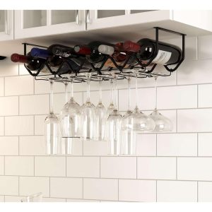 Metal Wine Glass Holder & Wine Bottle Rack for Kitchen and Bar Decor, Black  |  Wine Racks Kitchen Storage Black