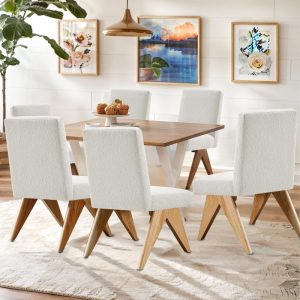 Mid Century Modern Farmhouse Dining Chairs Set of 6, Faux Sherpa Upholstered Kitchen & Dining Room Chairs Armless – N/A  |  Kitchen and Dining Chairs Kitchen & Dining Chairs Beige