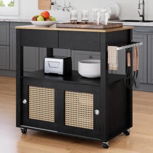 Moasis 35″ Rattan Rolling Kitchen Island with Storage Cabinet – 32.2″L x19.5″W x 35″H  |  Kitchen Carts Kitchen Carts Black, White