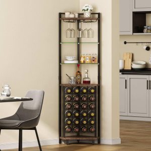 Moasis 4-Tier Corner Wine Rack Bar Storage with Glass Holder and Shelves  |  Wine Racks Kitchen Storage Black, Gold