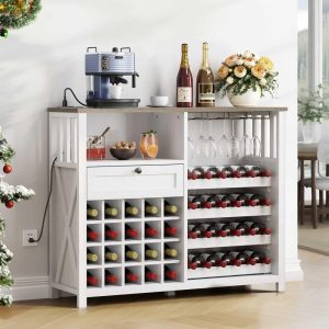 Moasis 47″ Wine Bar Cabinet with LED Lights and Power Outlet  |  Wine Racks Kitchen Storage Grey, White