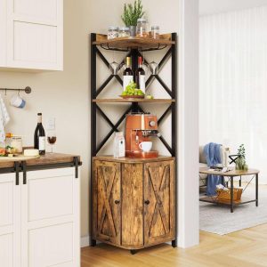 Moasis 5-Tiers Corner Bar Cabinet with Glass & Wine Holder Liquor Cabinet Storage  |  Home Bars Home Bars Brown, White