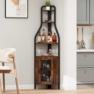 Moasis 71″ Industrial Corner Wine Rack with Glass Holder Corner Bar – 15.7″L x 15.7″W x 71″H  |  Wine Racks Kitchen Storage Brown