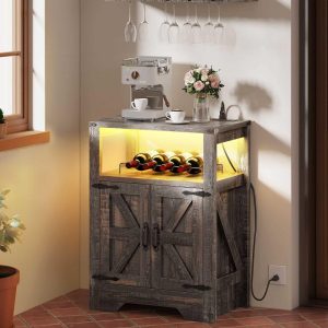 Moasis Farmhouse LED Bar Liquor Cabinet with Wine Rack and Glass Holder  |  Wine Racks Kitchen Storage Brown