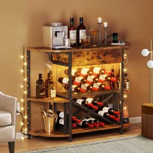 Moasis Industrial Freestanding Floor Bar Cabinet Liquor Wine Rack with Drawer Glass Holders  |  Wine Racks Kitchen Storage Brown, White